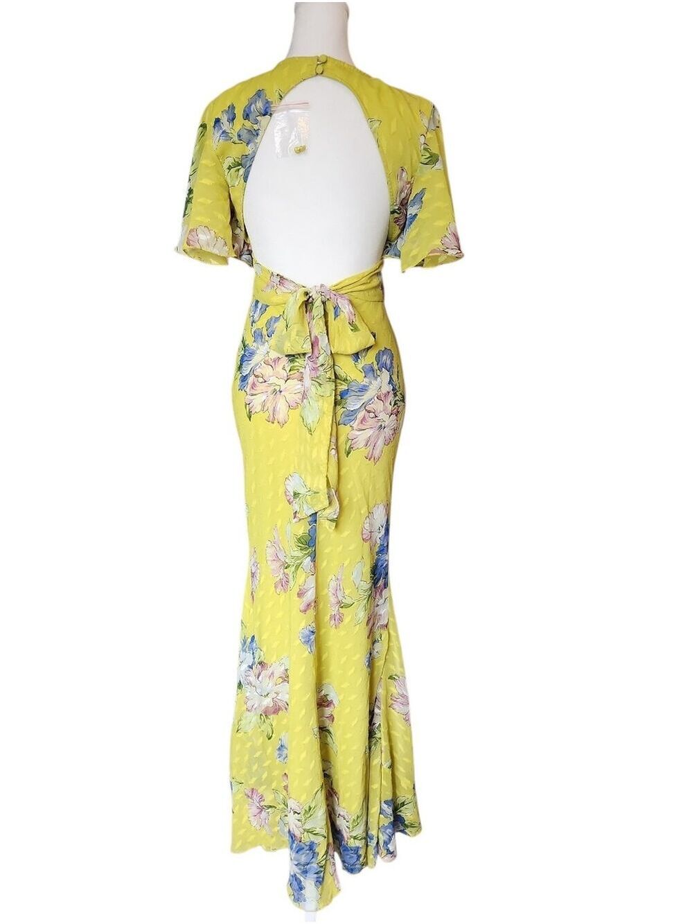 ASOS CHARTREUSE FLORAL V-NECK BACKLESS CROSS CHEST FITTED MAXI DRESS NWOT SIZE 2 - Picture 4 of 11